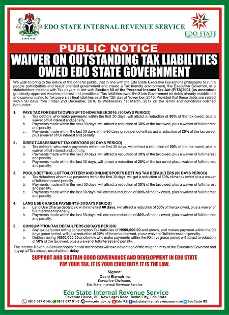 PRESS RELEASE : Waiver On Outstanding Tax Liabilities Owed Edo State Government