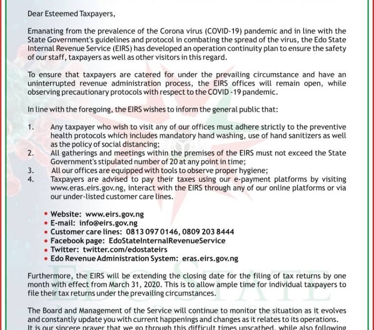 PUBLIC NOTICE:EXTENSION OF THE FILING OF TAX RETURNS